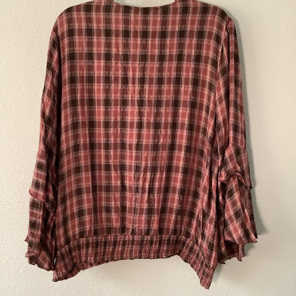 Red Plaid Cabincore Holiday Autumn Fall Christmas Ruffle Sleeve Top 22/24W - Picture 7 of 8
